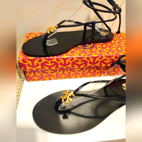 NIB Tory Burch "Capri" Black 100% Leather Lace-Up Flat Sandals Sz.6.5 Ret.$300 - Picture 3 of 11